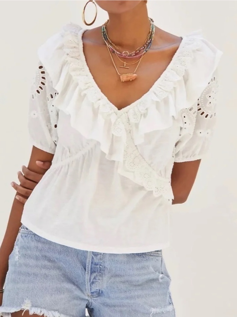 Anthropologie White Eyelet Ruffle V-Neck Top - Picture 1 of 10